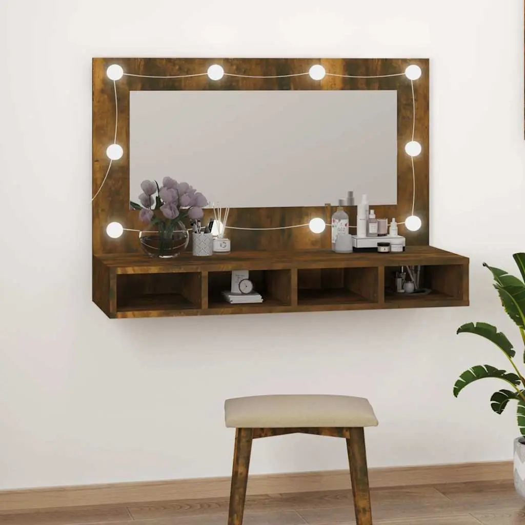 Bathroom Vanity Mirror Cabinet with LED Light Storage Shelves Brown 90x31.5x62cm