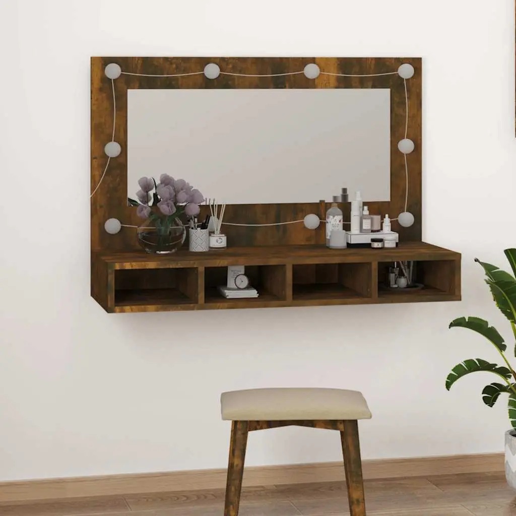 Bathroom Vanity Mirror Cabinet with LED Light Storage Shelves Brown 90x31.5x62cm
