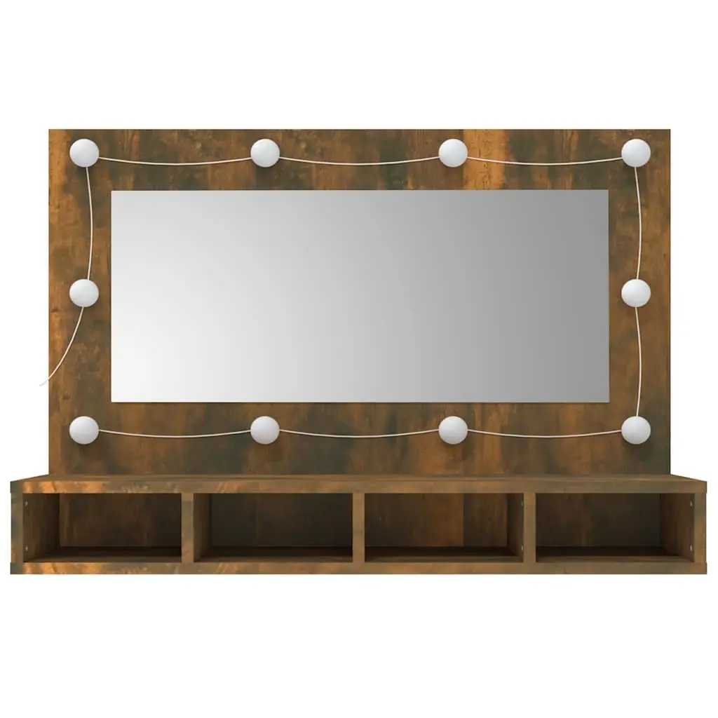 Bathroom Vanity Mirror Cabinet with LED Light Storage Shelves Brown 90x31.5x62cm