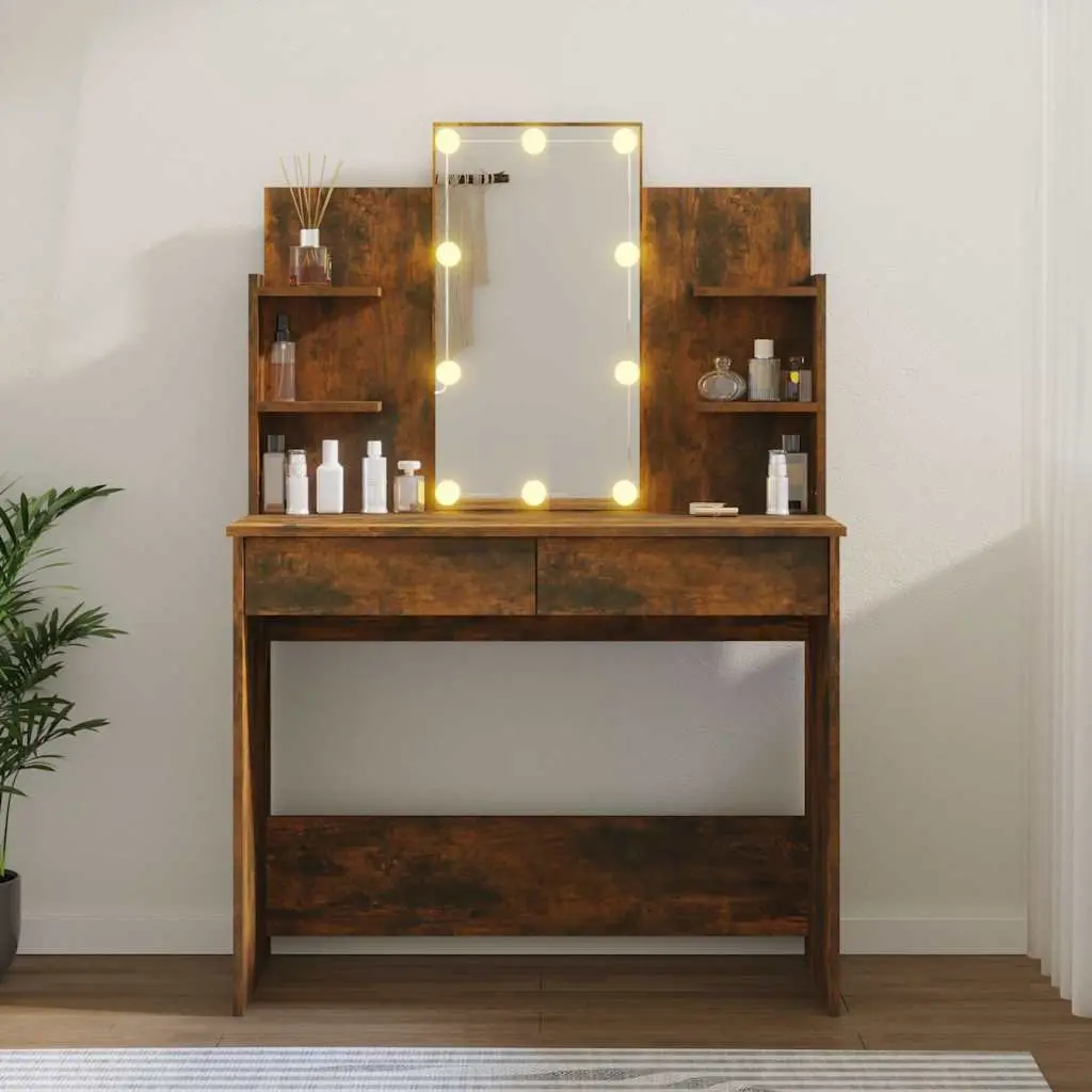 Bedroom Dressing Table with LED Mirror Storage Drawers Vanity Unit Brown