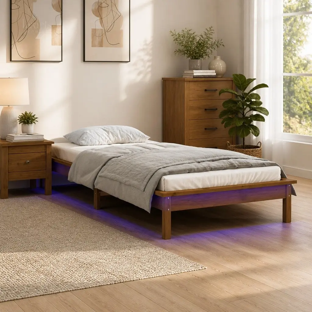 Solid Wood Bed Frame with LED Lights, 90x190 cm