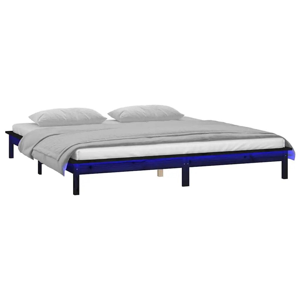 LED Bed Frame Black Solid Wood 135x190 cm Bedroom Furniture