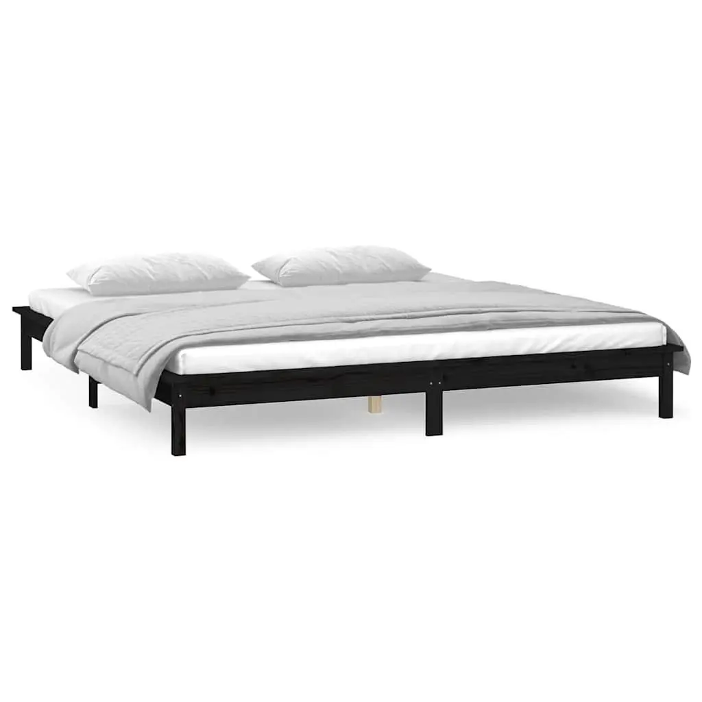 LED Bed Frame Black Solid Wood 135x190 cm Bedroom Furniture