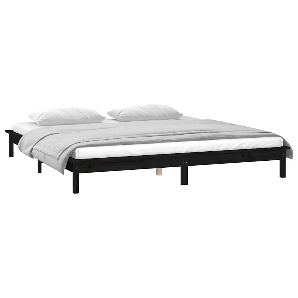 LED Bed Frame Black Solid Wood 135x190 cm Bedroom Furniture