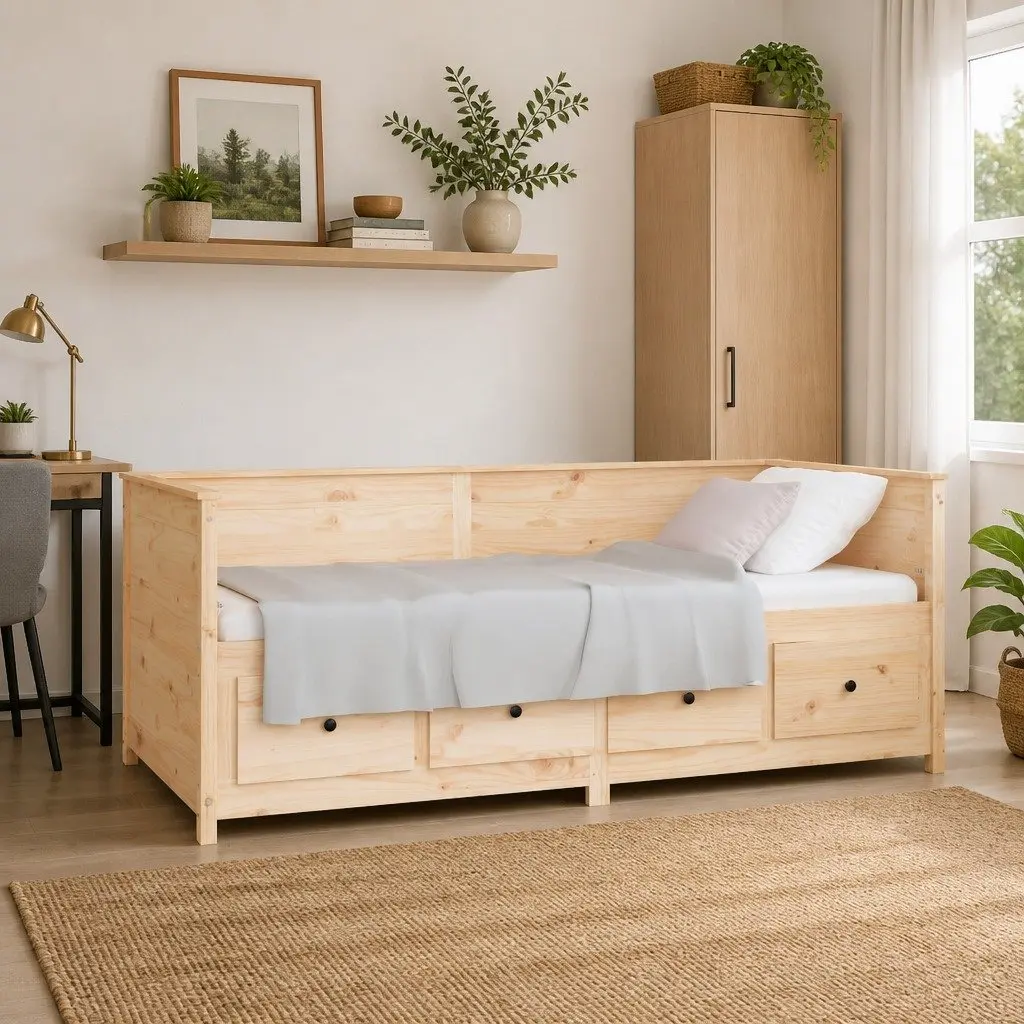 Day Bed 80x200 cm Solid Pine Wood Frame Sofa Bed with Storage Drawers Brown