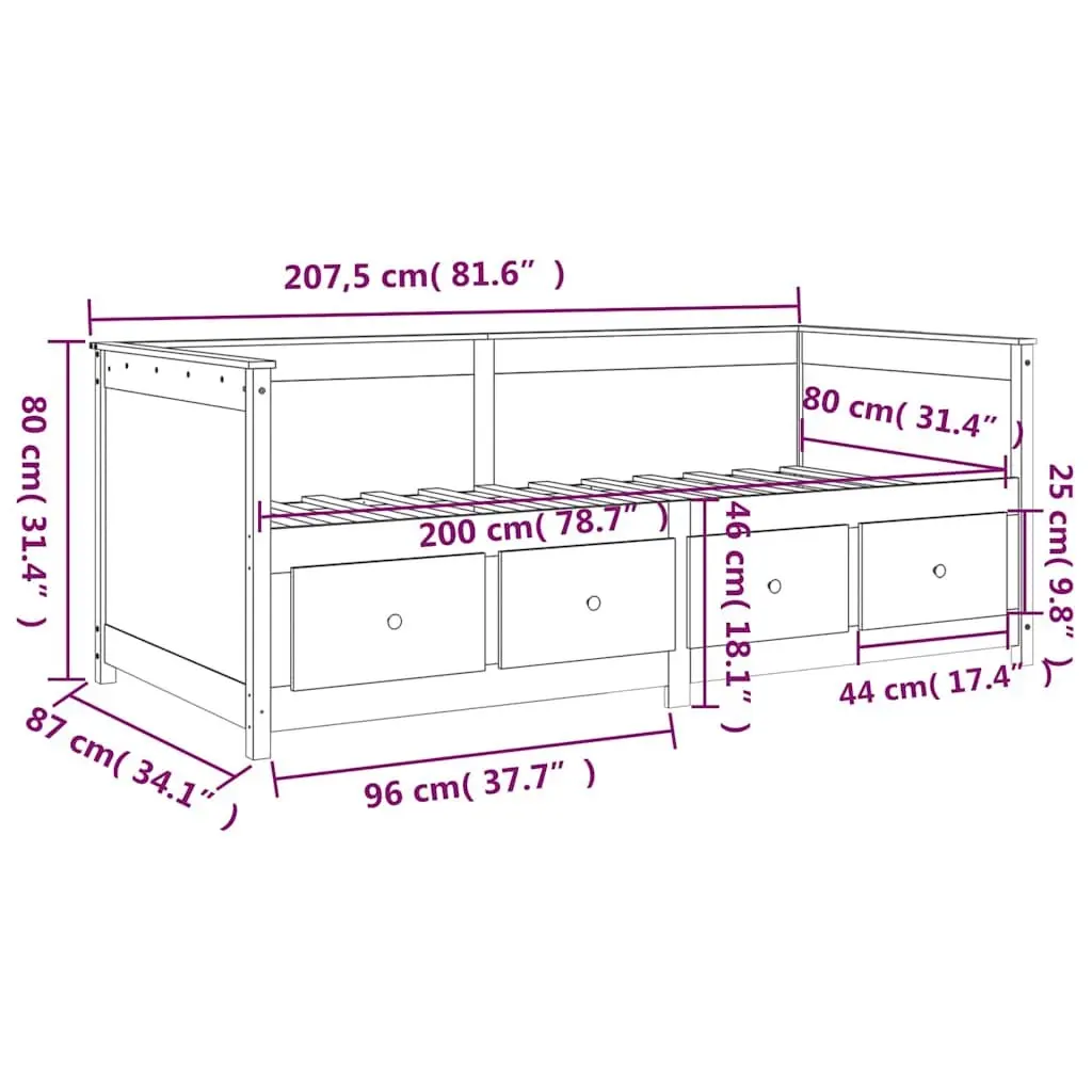 Day Bed 80x200 cm Solid Pine Wood Frame Sofa Bed with Storage Drawers Brown