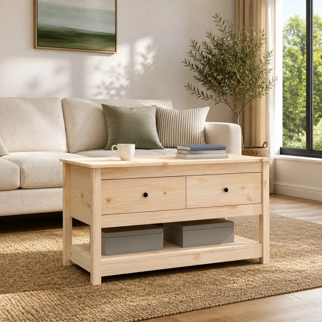 Coffee Table Brown Solid Pine Wood with Storage Drawers Open Shelf 102x49x55cm