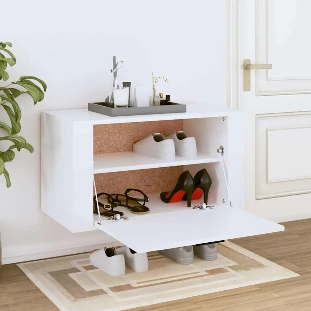 Wall-Mounted Shoe Cabinet White Gloss Storage Organiser 70x35x38cm Engineered