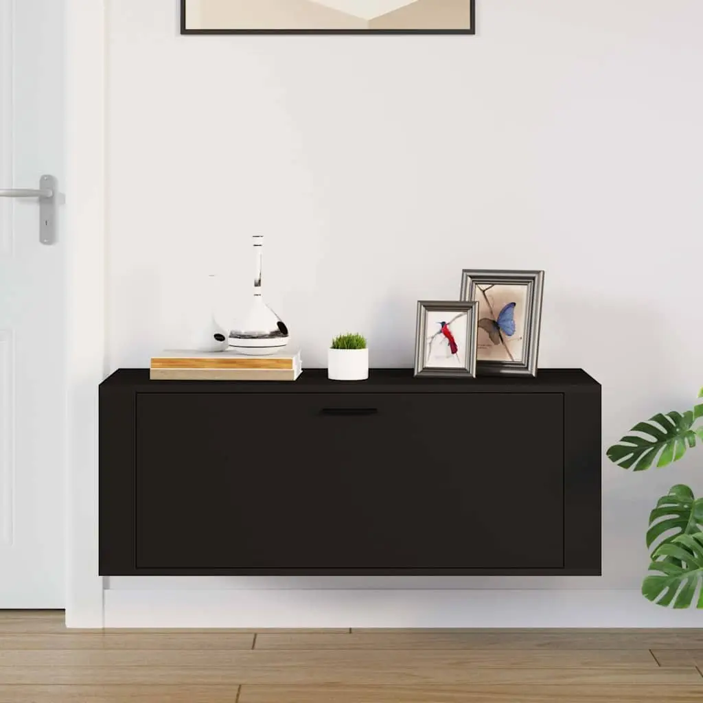 Wall Shoe Cabinet Black Engineered Wood Storage Organiser Drop-Down Door