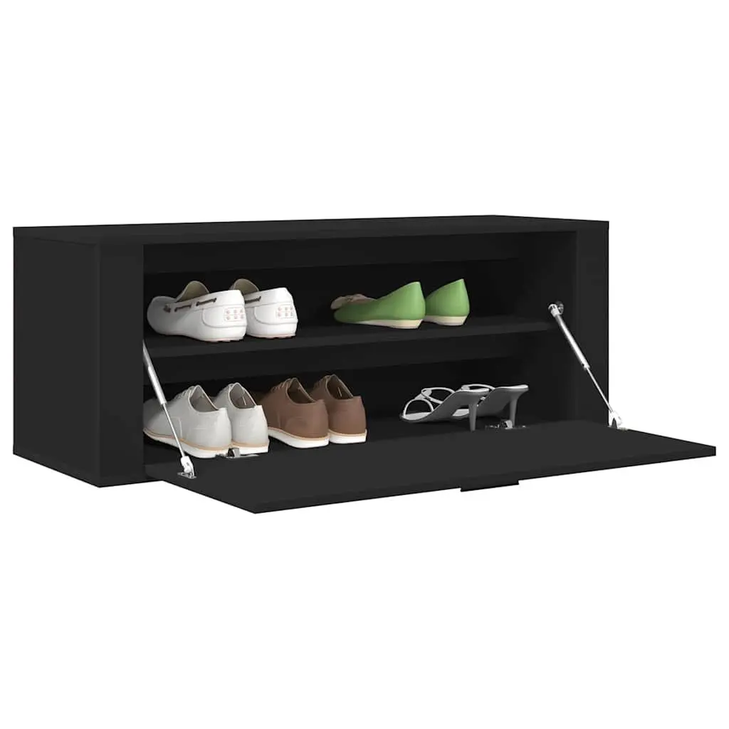 Wall Shoe Cabinet Black Engineered Wood Storage Organiser Drop-Down Door
