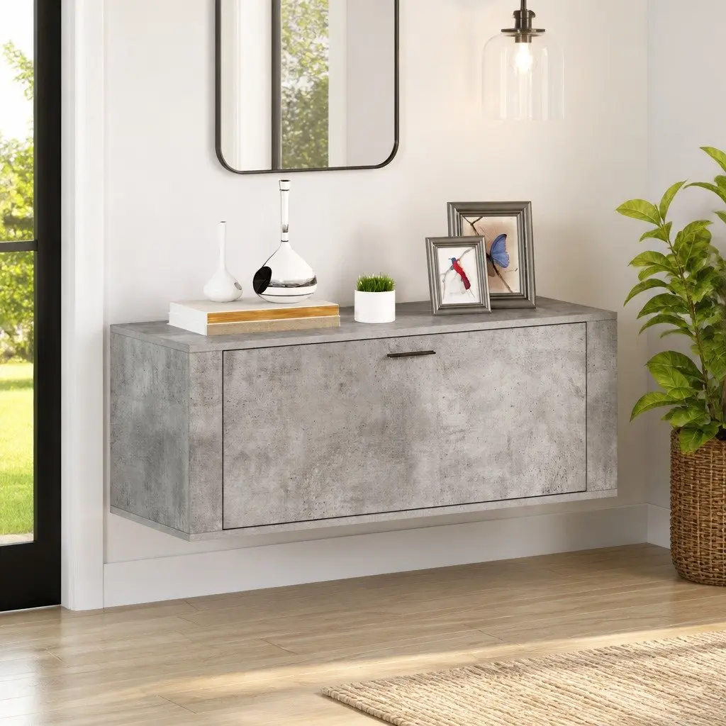 Shoe Cabinet Grey Compact Wall-Mounted Engineered Wood Storage with Drop-Down Door