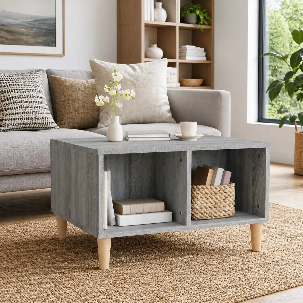 Grey Coffee Table for Living Room with Storage Compartments and Open Shelving 60 x 50 x 36.5 cm
