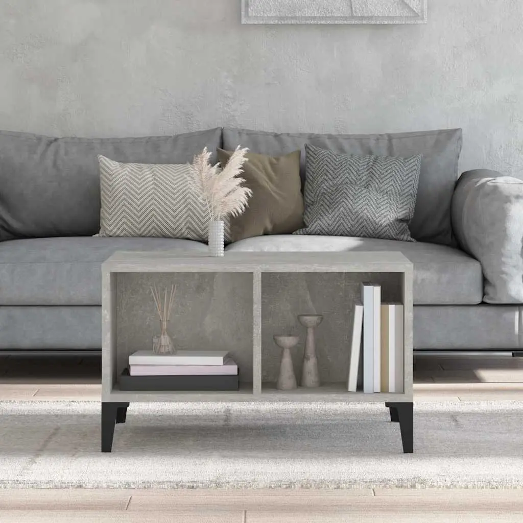 Industrial Style Coffee Table Grey Engineered Wood Open Storage Compartment Metal Feet 60W x 50D x 36.5H cm