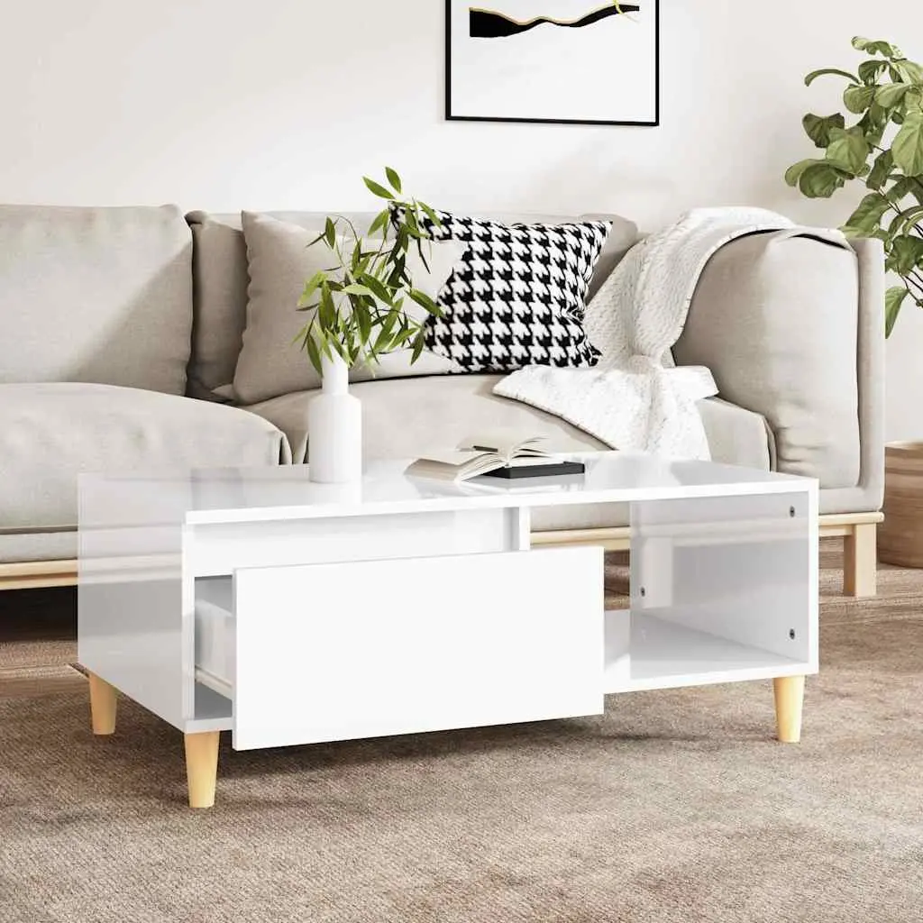 Coffee Table High Gloss White 90x50x36.5cm Storage Drawer Open Compartment