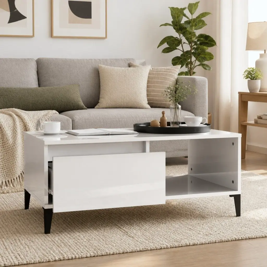 Coffee Table White High Gloss Storage Drawer Open Compartment Modern Side Table