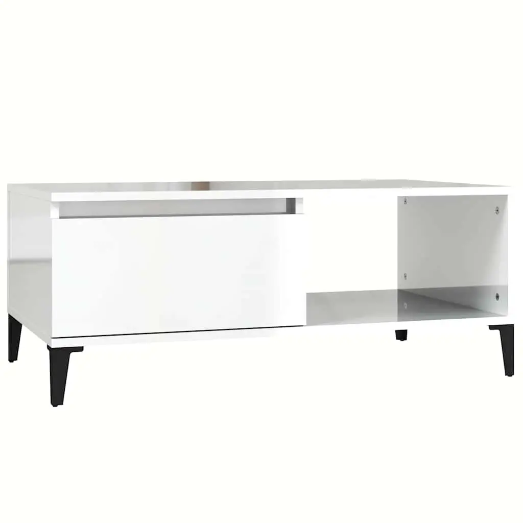 Coffee Table White High Gloss Storage Drawer Open Compartment Modern Side Table