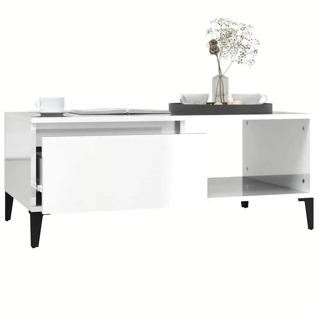 Coffee Table White High Gloss Storage Drawer Open Compartment Modern Side Table