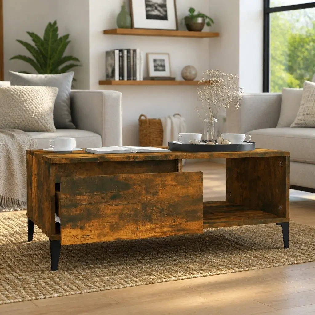 Coffee Table with Storage Drawer Open Compartment Brown Engineered Wood