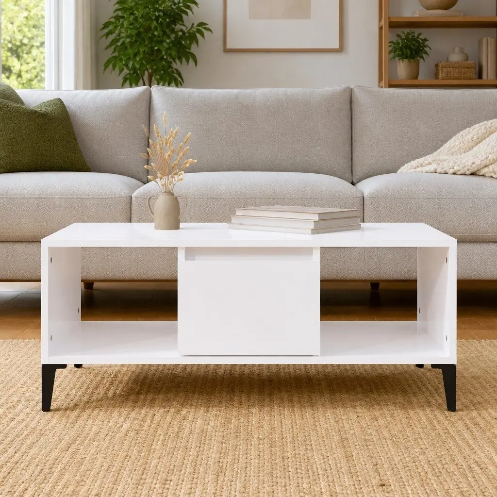 Coffee Table Living Room High Gloss White 90 x 50 x 36.5 cm with Storage Drawer and Open Compartments