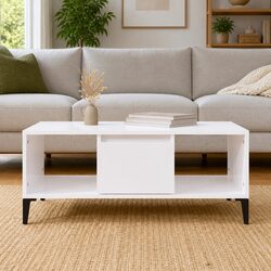Coffee Table High Gloss White Storage Drawer Open Compartments Side Table