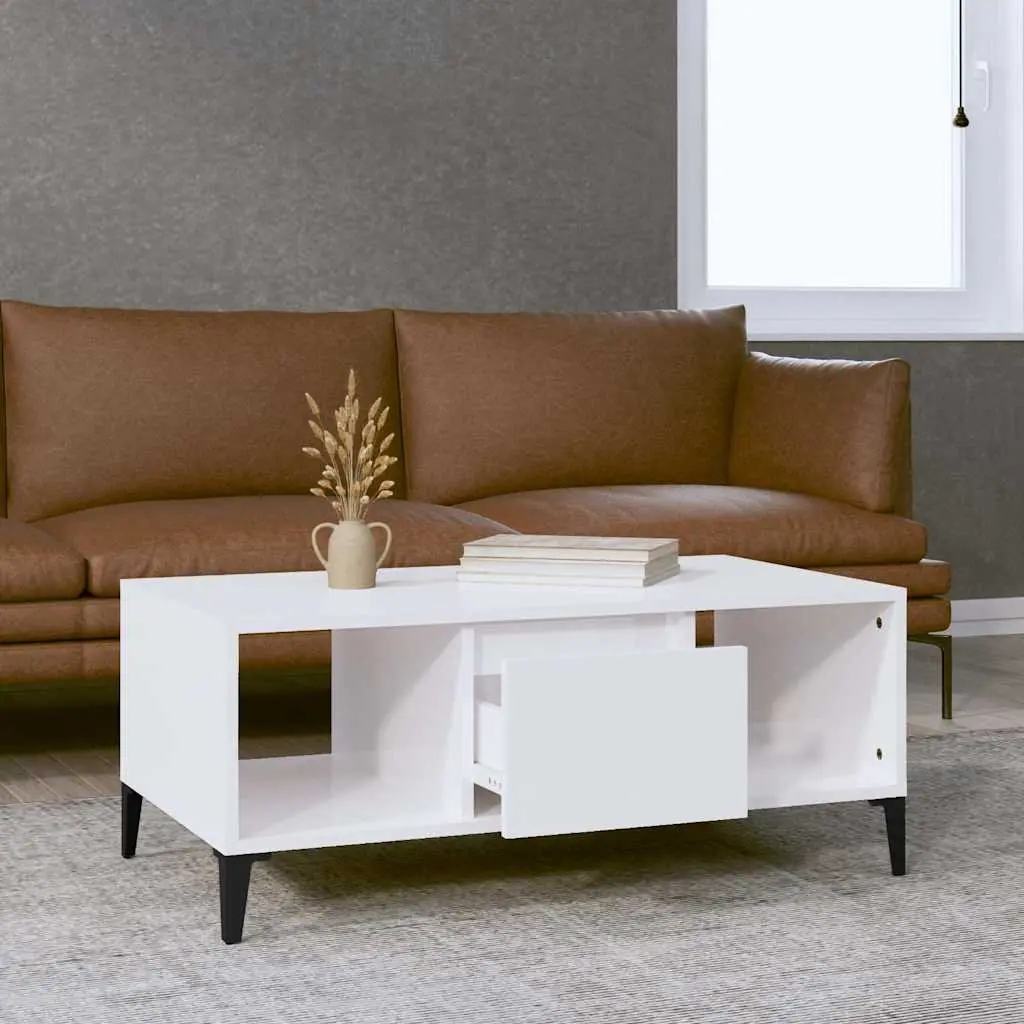 Coffee Table Living Room High Gloss White 90 x 50 x 36.5 cm with Storage Drawer and Open Compartments