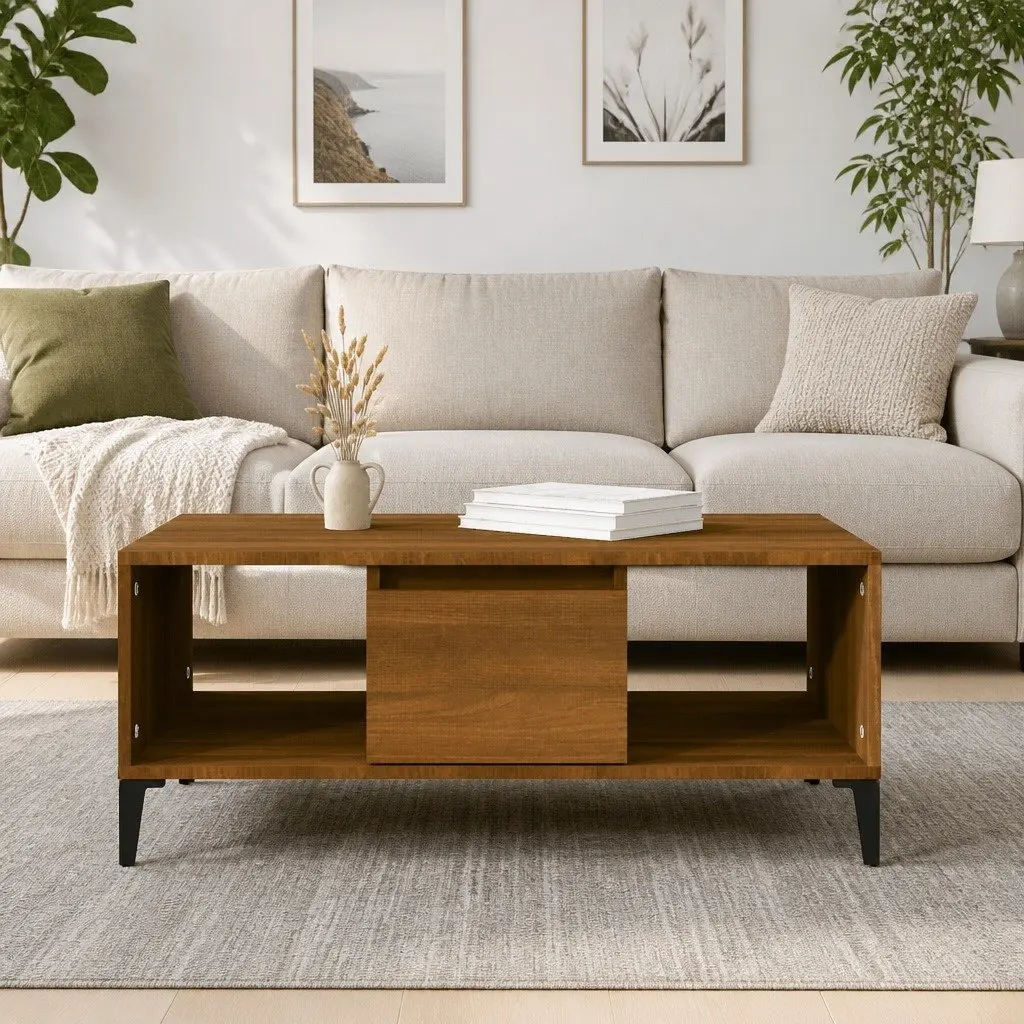 Coffee Table with Storage Drawer Open Compartments Brown Oak 90x50x36.5 cm