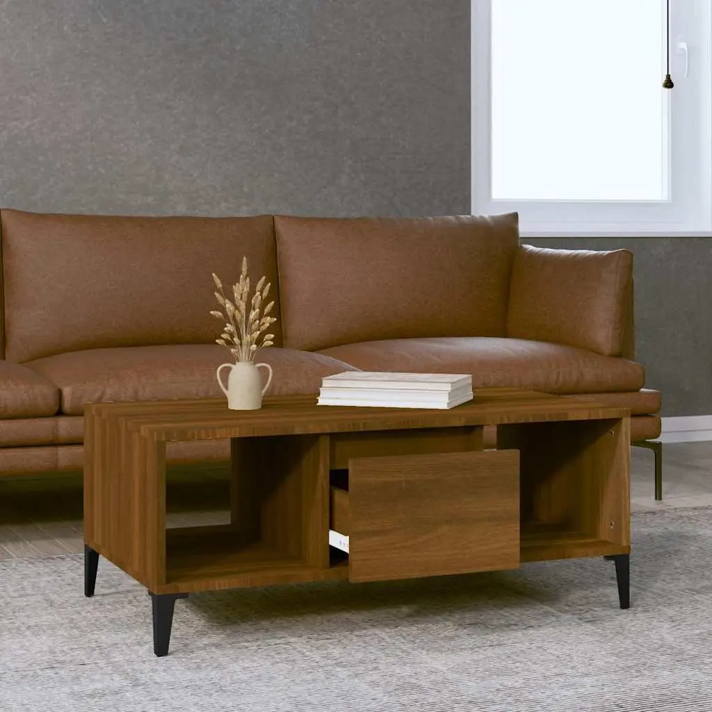 Coffee Table with Storage Drawer Open Compartments Brown Oak 90x50x36.5 cm