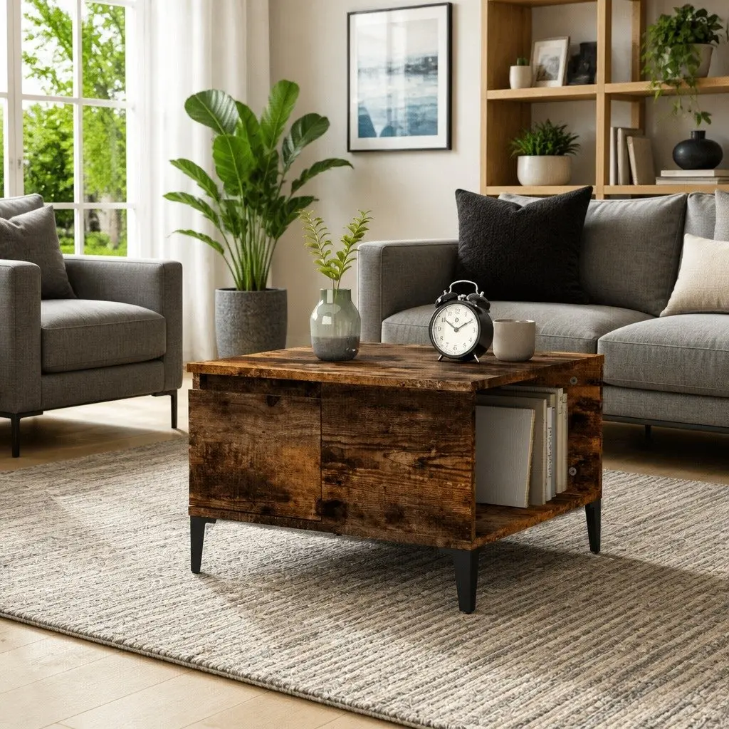 Coffee Table for Living Room with Storage Drawer Open Compartment Brown 55W x 55D x 36.5H cm Engineered Wood