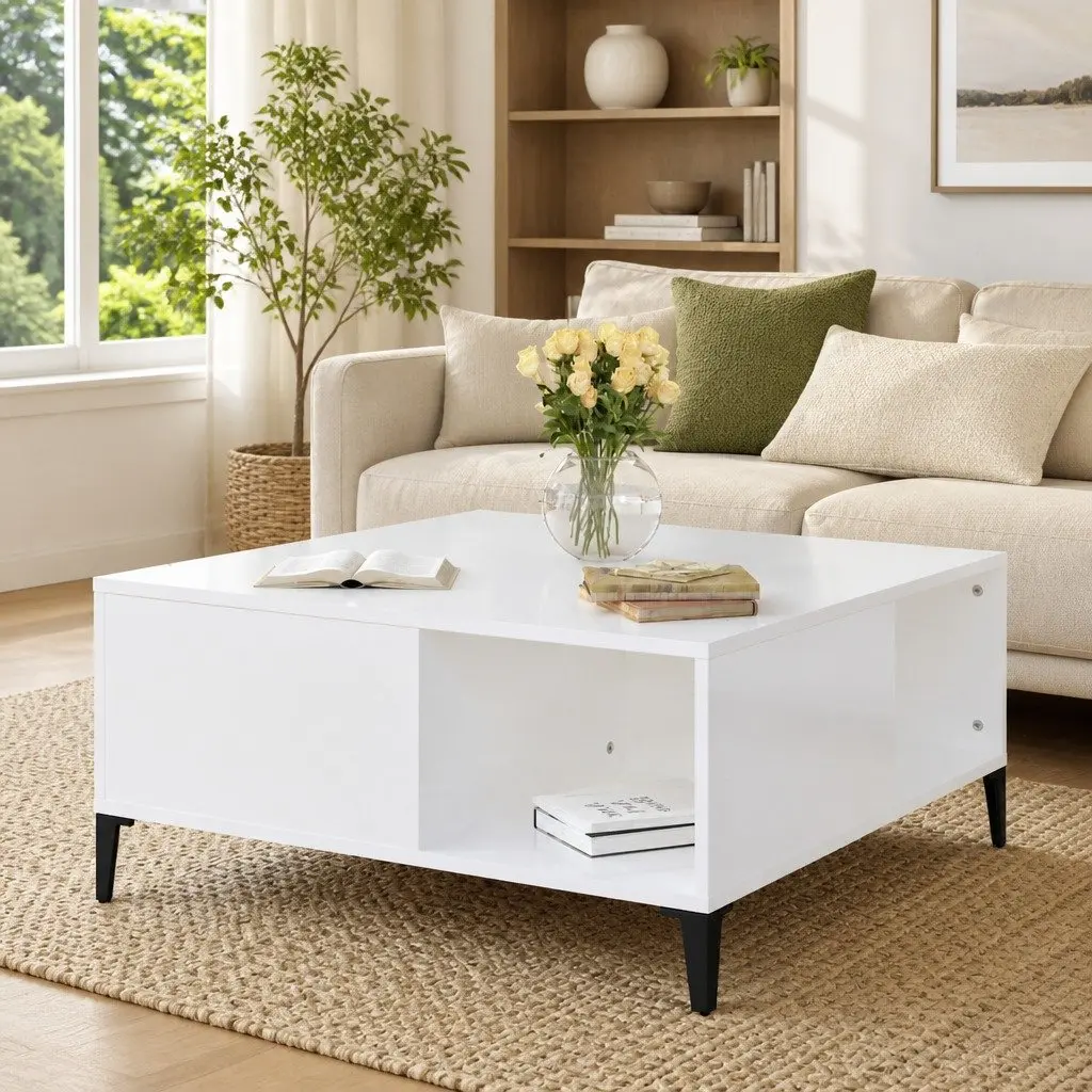 Coffee Table White High Gloss Storage Compartments Engineered Wood 80x80x36.5cm