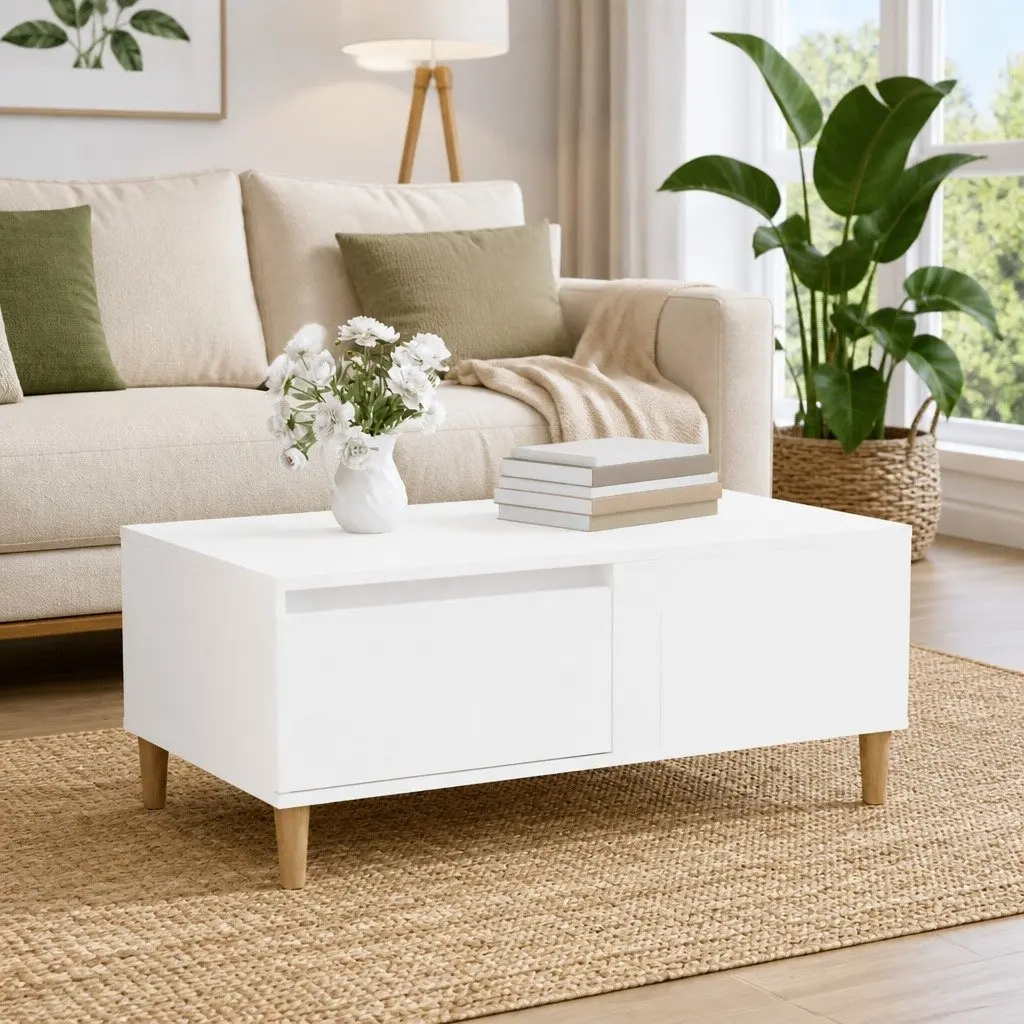 Coffee Table Living Room 90L x 50W x 36.5H cm High Gloss White with Drawer