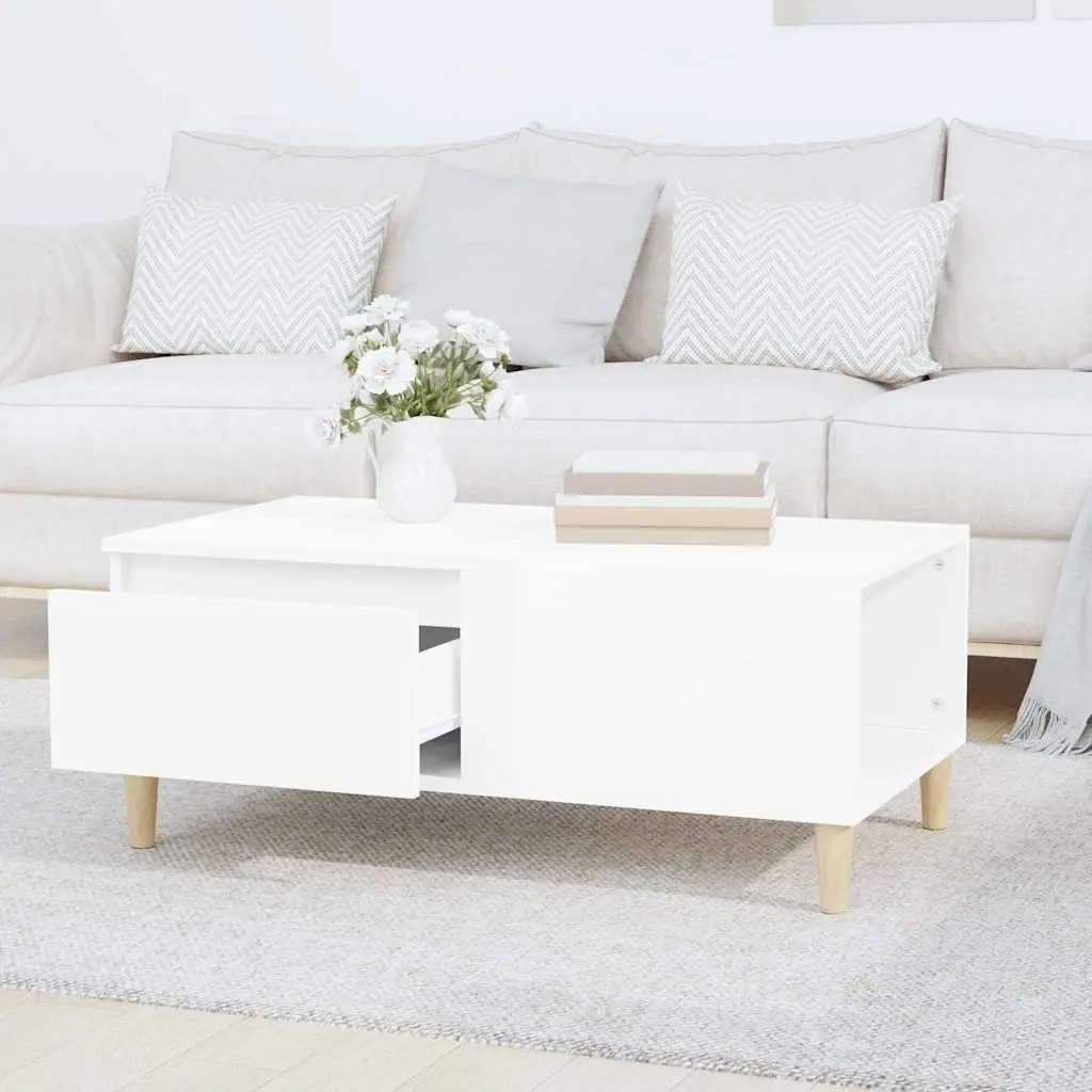 Coffee Table Living Room 90L x 50W x 36.5H cm High Gloss White with Drawer