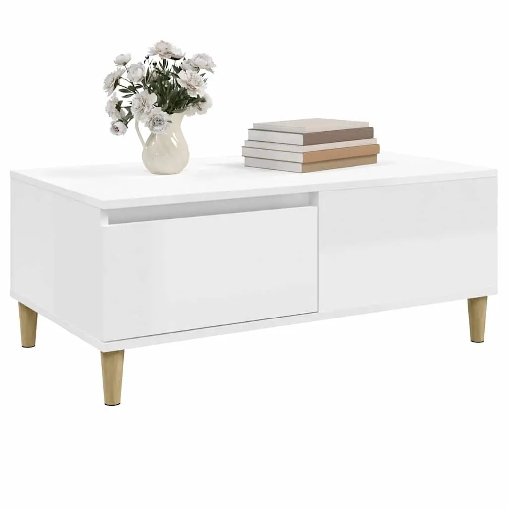 Coffee Table Living Room 90L x 50W x 36.5H cm High Gloss White with Drawer