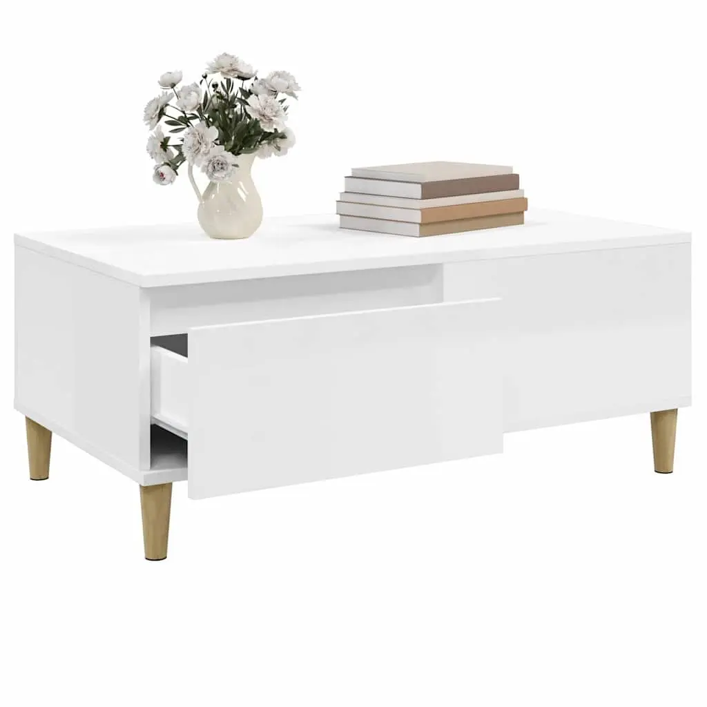 Coffee Table Living Room 90L x 50W x 36.5H cm High Gloss White with Drawer