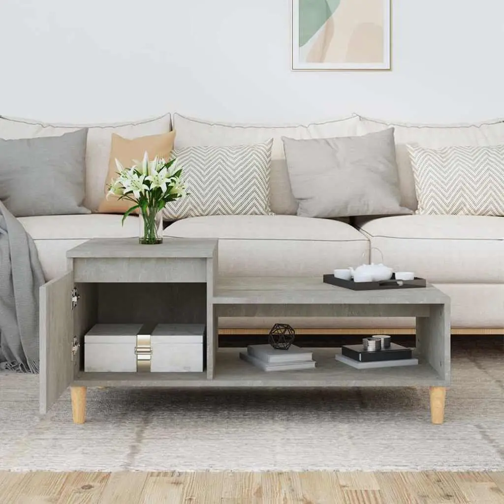 Coffee Table Grey Engineered Wood Storage Compartment Shelf Living Room Accent