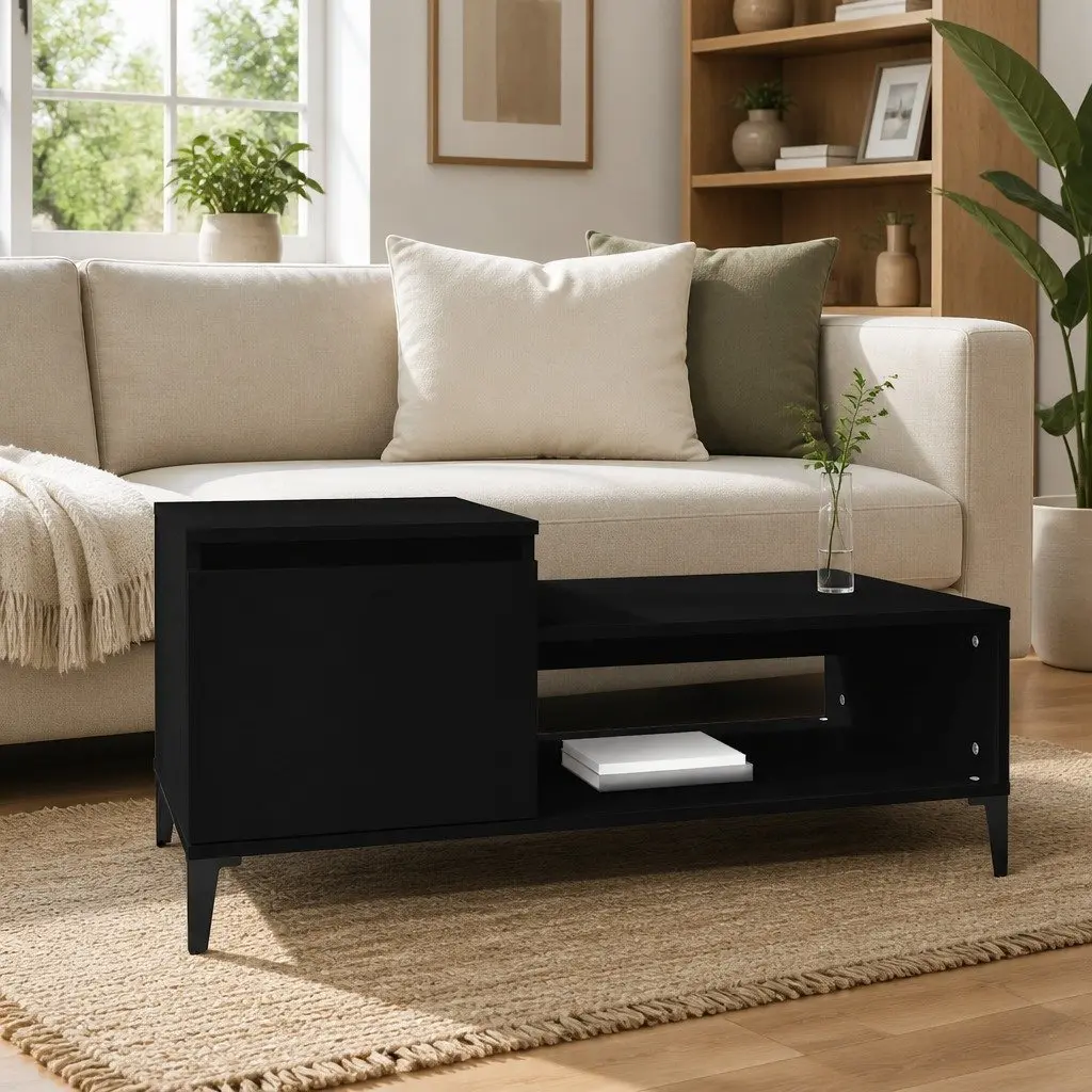 Coffee Table Black Storage Compartment Shelf Engineered Wood Living Room Accent
