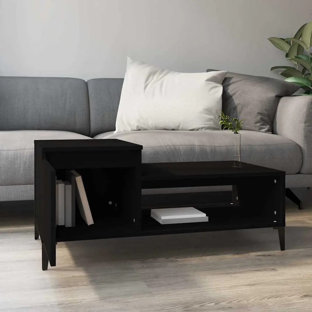 Coffee Table Black Storage Compartment Shelf Engineered Wood Living Room Accent