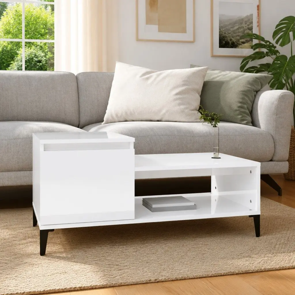 Coffee Table High Gloss White Storage Compartment Shelf Living Room Accent