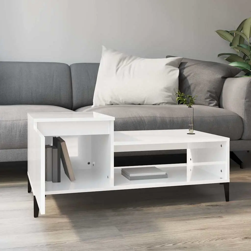 Coffee Table High Gloss White Storage Compartment Shelf Living Room Accent