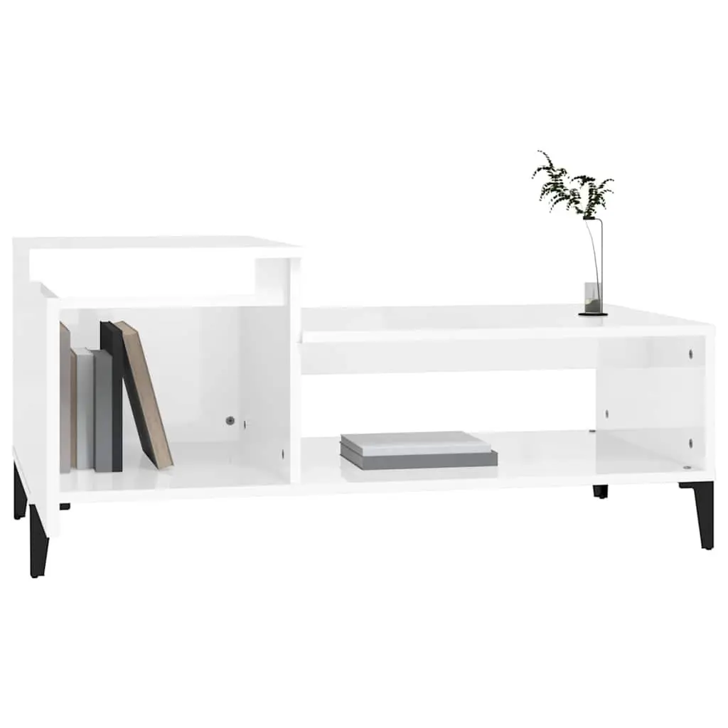 Coffee Table High Gloss White Storage Compartment Shelf Living Room Accent