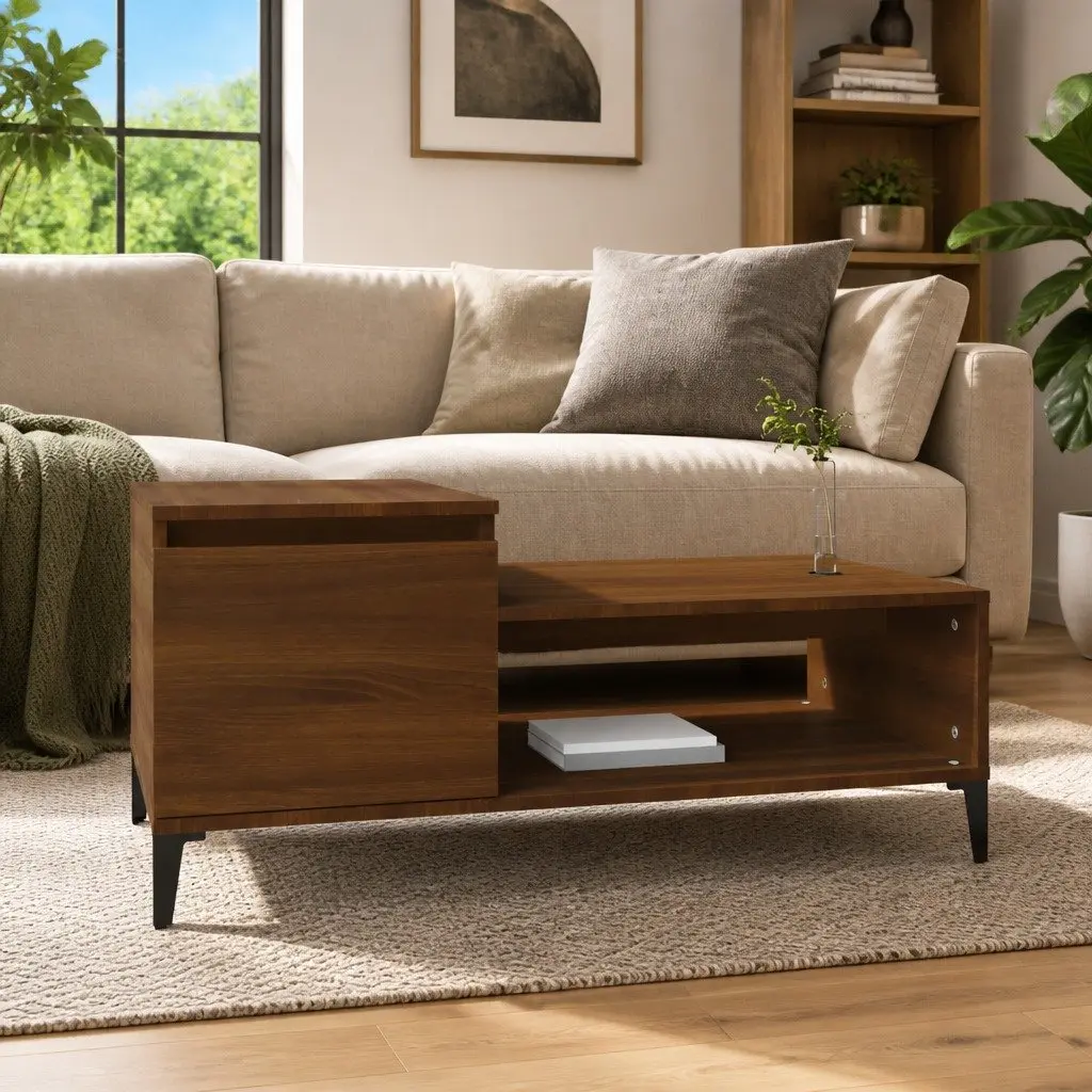 Coffee Table Brown Oak Engineered Wood Storage Compartment Shelf Door