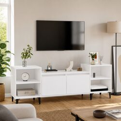 White TV Cabinet Dimensions 160x35x55 cm with 6 Storage Compartments