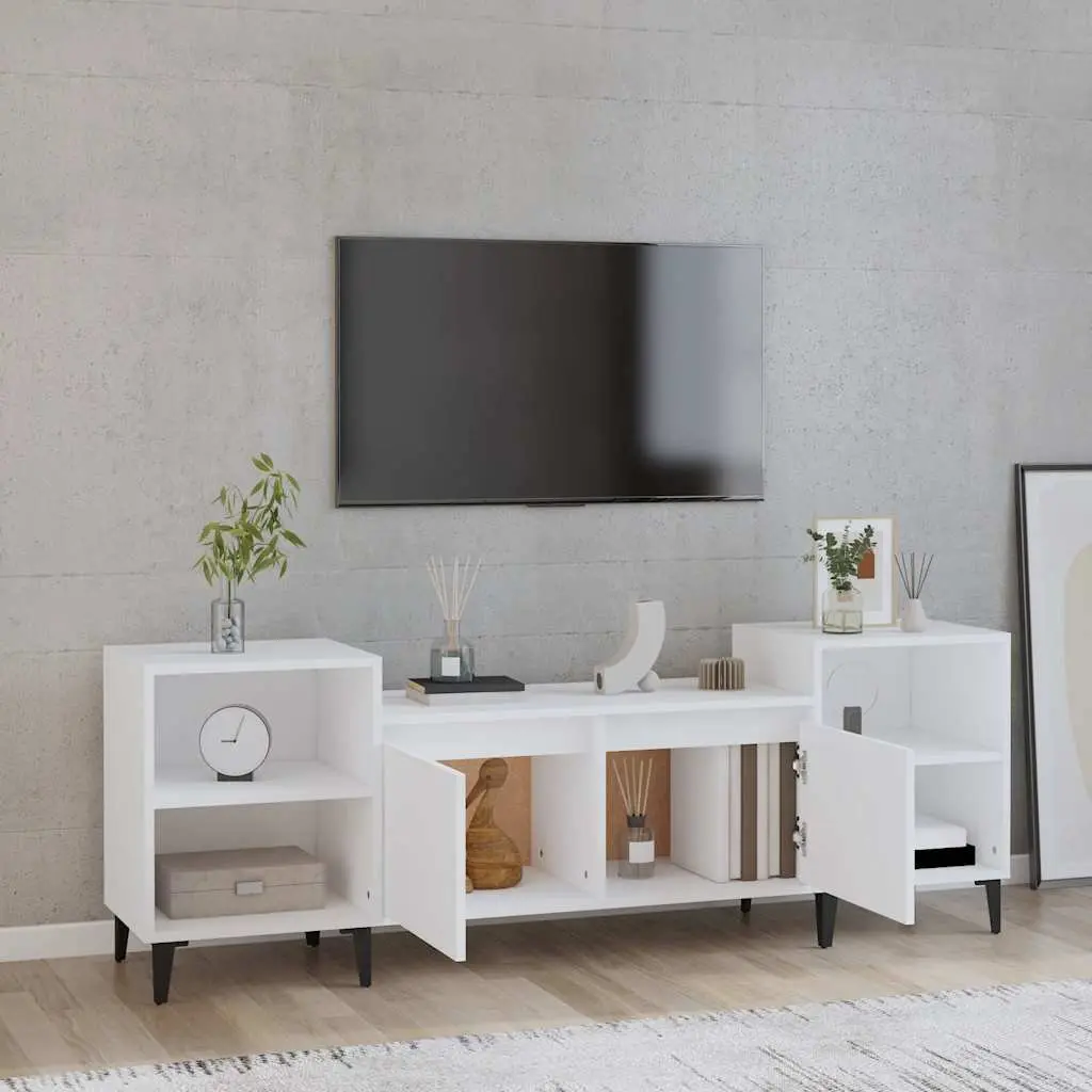 TV Cabinet White Living Room 160x35x55 cm Media Storage Unit with 6 Compartments Doors