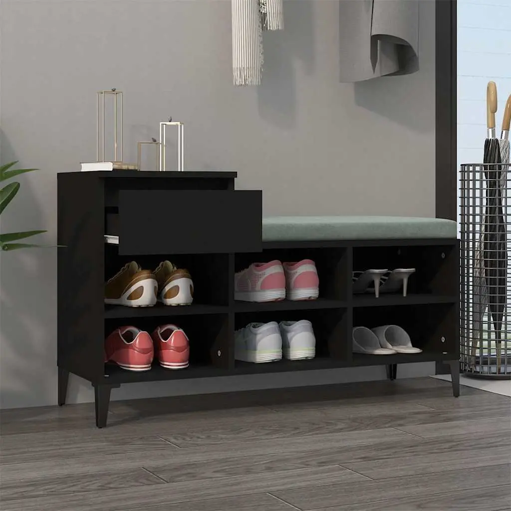 Shoe Cabinet Black Storage Organizer 6 Compartments 1 Drawer Metal Legs
