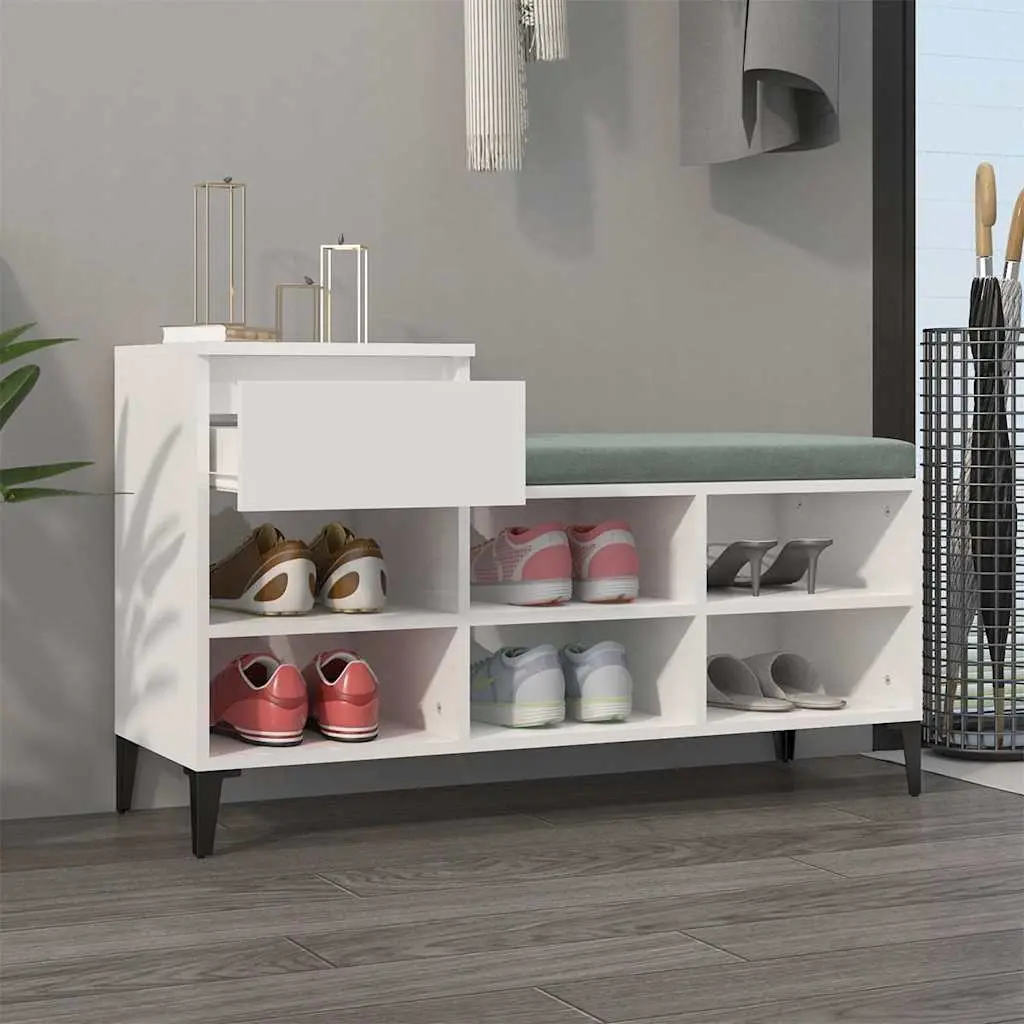 Shoe Cabinet White High Gloss Engineered Wood Storage Organiser 102x36x60cm