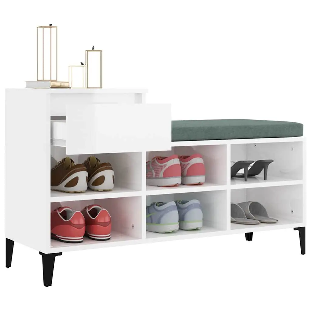 Shoe Cabinet White High Gloss Engineered Wood Storage Organiser 102x36x60cm