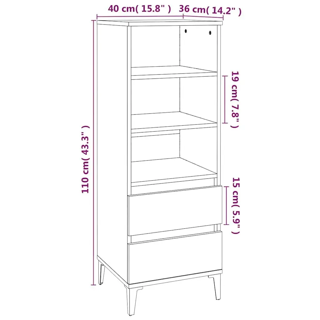 Highboard Grey Sideboard 40x36x110cm Engineered Wood with 3 Shelves and 2 Drawers Industrial Style