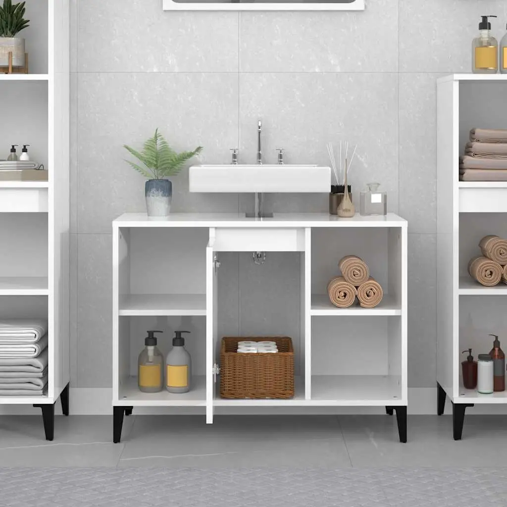 High Gloss White Bathroom Vanity Unit Storage Cabinet 80x33x60cm with 5 Compartments and Metal Feet