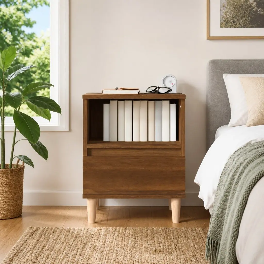 Bedside Cabinet Brown Oak Storage Nightstand Wooden Legs Drawer Compartment
