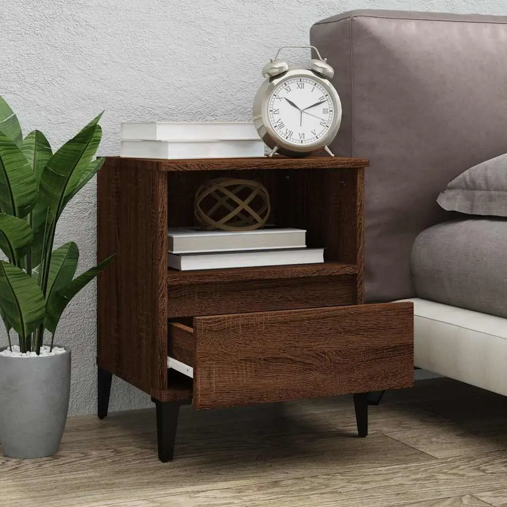 Brown Bedside Cabinets Set of 2 Storage Drawer Nightstands 40x35x50 cm with Metal Feet and Compartment for Home Bedroom Use