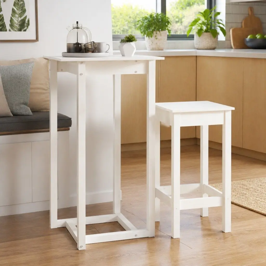 Solid Wood Bar Table White 60x60x110 cm High Top Dining Kitchen Furniture
